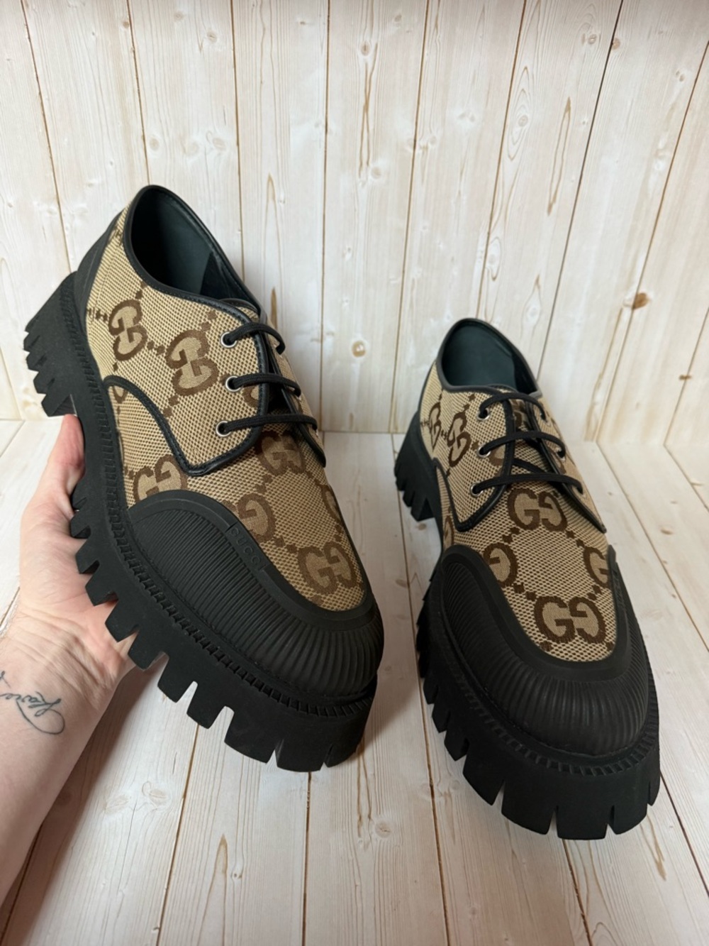 Gucci Monogram Jumbo Maxi GG Lace Up Derby Camel Ebony/Black Sz 13G / 13.5US - Picture 7 of 13